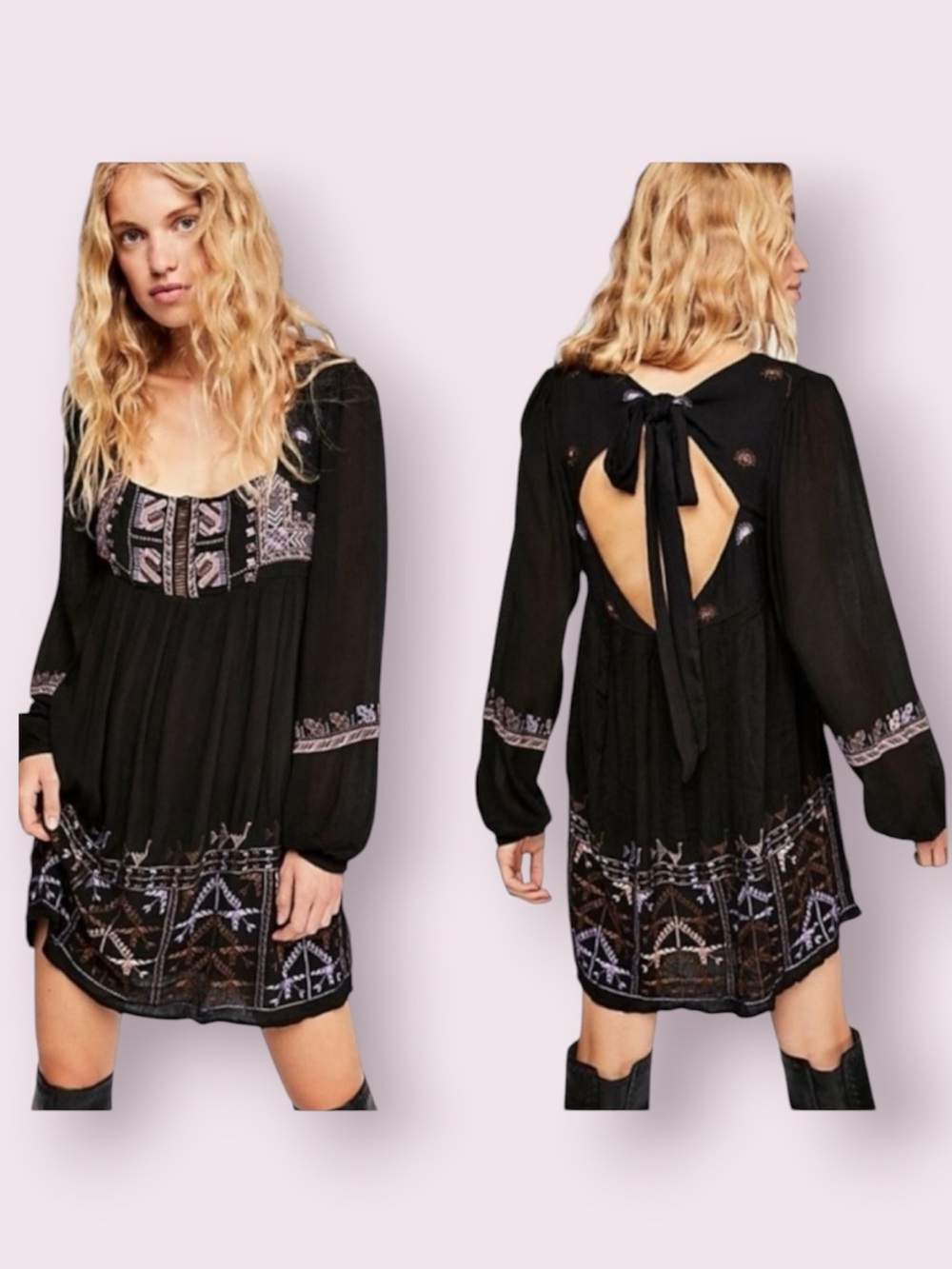 Free People Rhiannon Embroidered Mini Dress Open Back Black Size Small